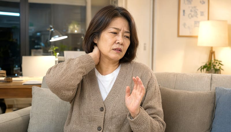 집에서 목 뒤를 손으로 짚으며 통증을 호소하는 중년 여성