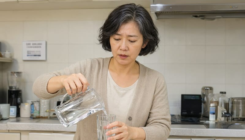 손이 떨려 물을 따르는 여성의 모습