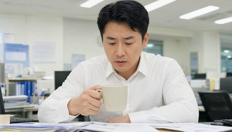 사무실에서 손이 떨려 당황하는 남성