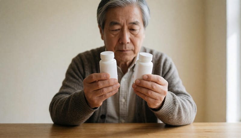 두 영양제의 인증 표시를 비교해보는 모습