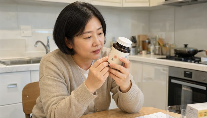 건강기능식품 포장의 인증 마크를 살펴보는 모습