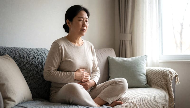 집에서 복식호흡을 연습하는 여성