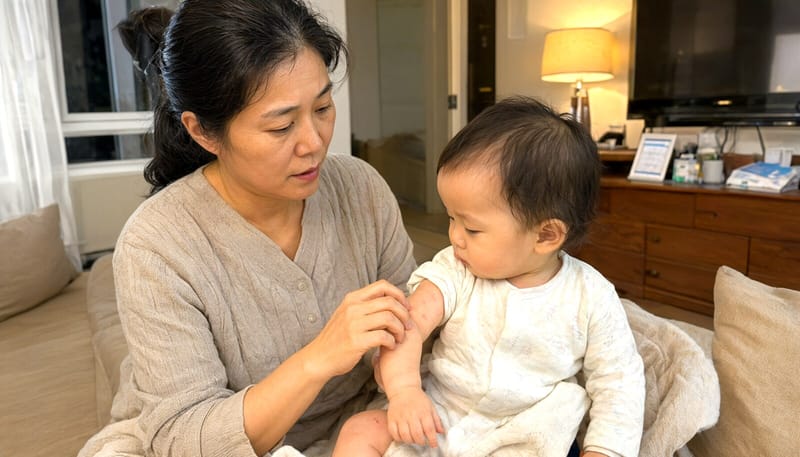 아기 팔에 두드러기가 번지는 모습을 살피는 보호자