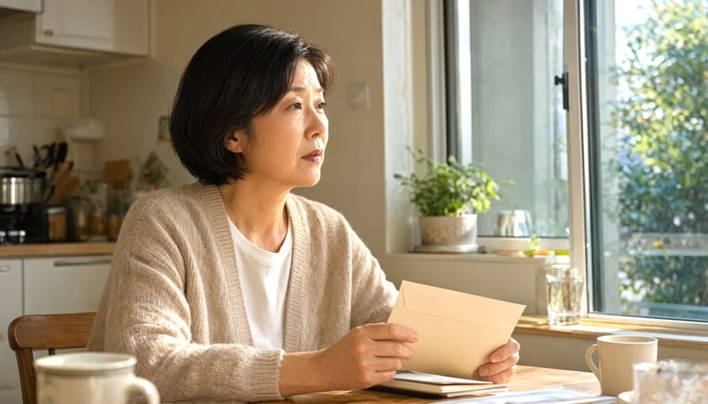 집에서 보험료 봉투를 보며 고민하는 여성
