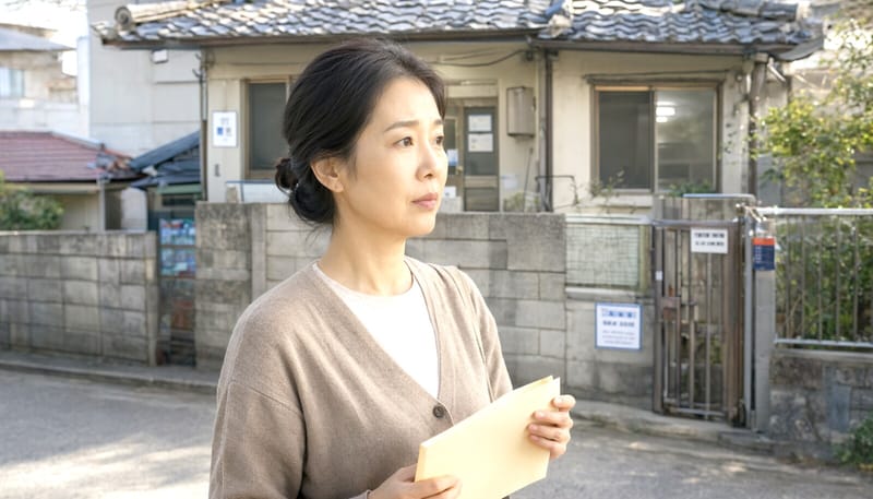 자택 앞에서 재산보험료 고지서를 들고 서 있는 여성