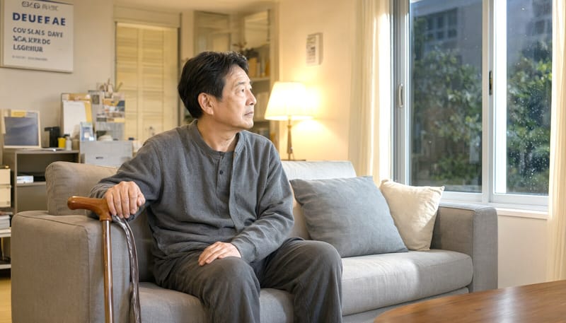 외출을 포기하고 거실에 앉아있는 남성과 짚지 않은 지팡이