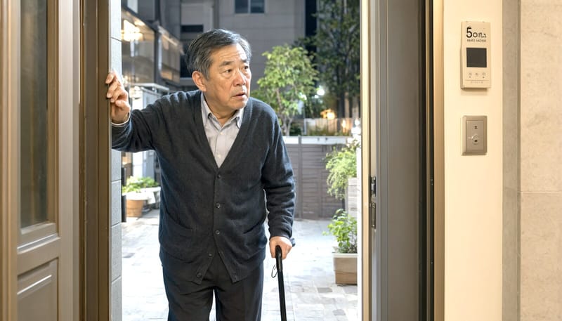 현관문 앞에서 밖에 나가기를 머뭇거리는 중년 남성