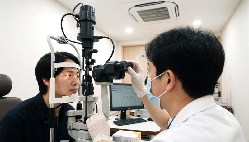 세극등현미경으로 눈꺼풀 상태를 검사하는 모습