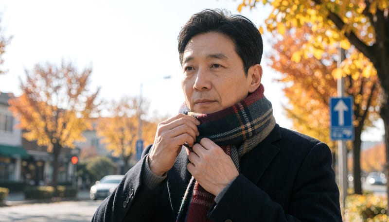출근길 목도리로 목 주변을 보온하는 남성