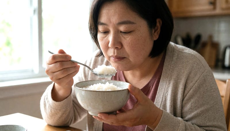 속이 편안한 흰쌀죽을 천천히 먹는 모습