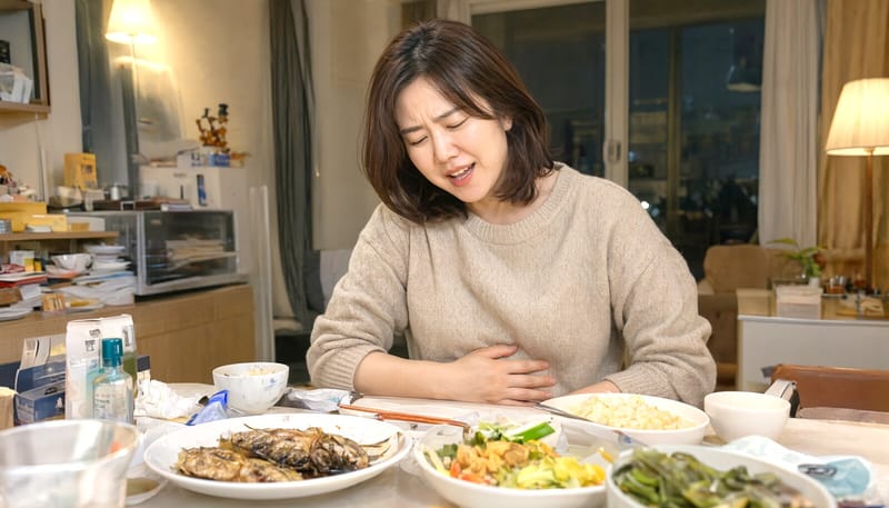 가을 음식을 먹은 뒤 속이 아파 배를 움켜쥔 여성