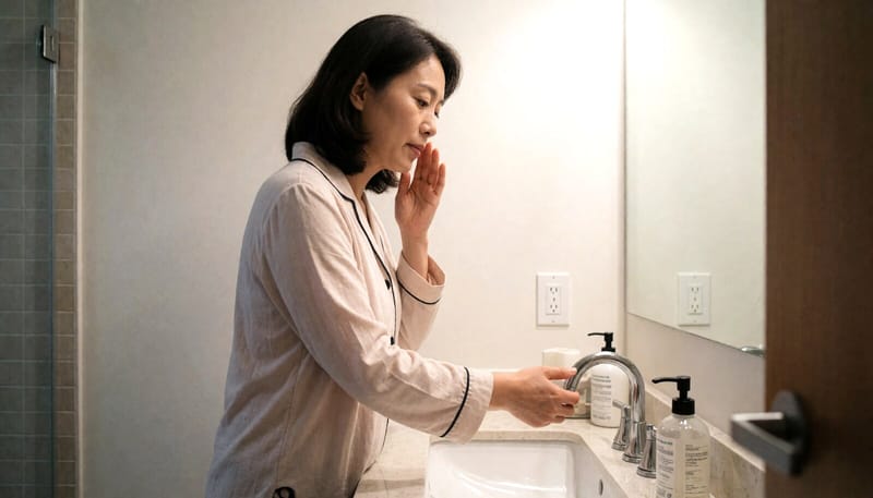 집에서 손으로 목 앞쪽을 짚어보며 변화를 살피는 모습