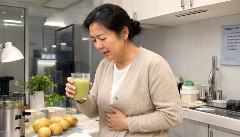 생감자즙을 마신 뒤 속이 불편해 배를 움켜쥔 여성