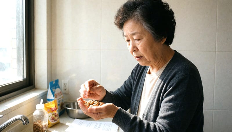 집에서 견과류 상태를 꼼꼼히 살펴보는 여성