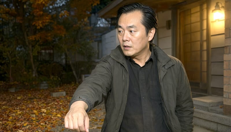 해질녘 마당에서 모기에 물릴 뻔한 남성의 모습