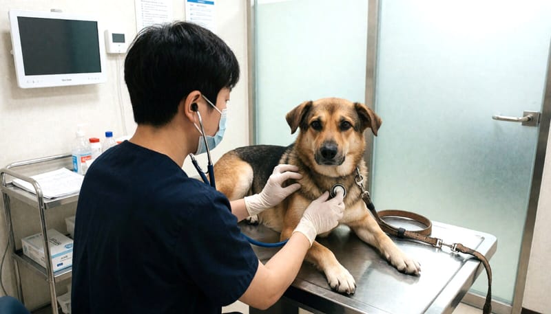 진료대에서 청진기로 심장 상태를 확인하는 모습