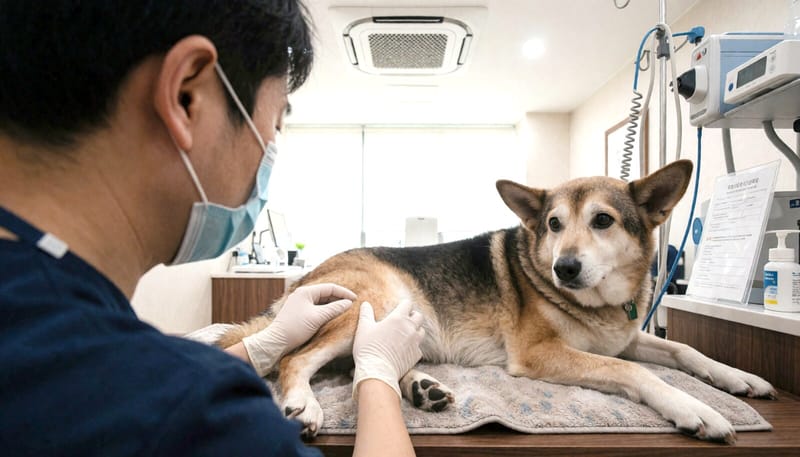 동물병원에서 관절 상태를 검사받는 노령견
