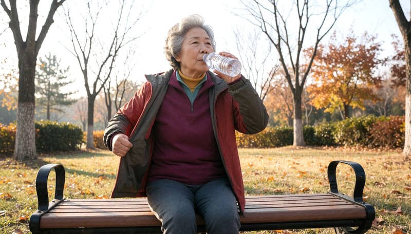 운동 후 겉옷을 벗고 물을 마시는 여성