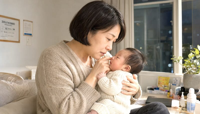 집에서 자연광에 아기 피부색을 살펴보는 모습