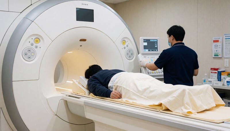 MRI 검사실에서 영상검사를 받는 환자