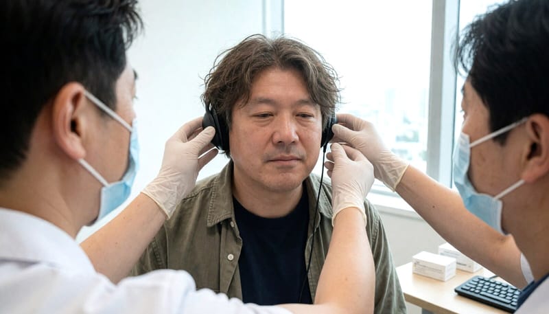 청력 및 평형기능 검사를 받는 남성