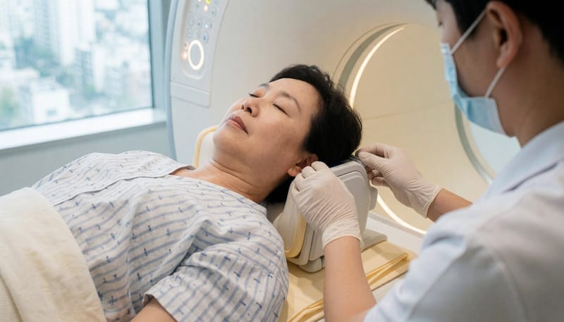 어지럼증 원인 확인 위해 MRI 검사 받는 여성
