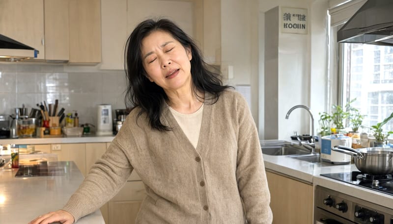 가정에서 갑자기 어지럼증을 느끼며 식탁을 붙잡은 중년 여성