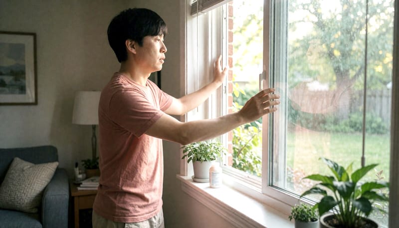 창문을 열어 실내를 환기시키는 남성
