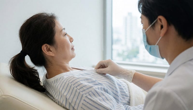 흉부 CT 검사를 받고 있는 여성
