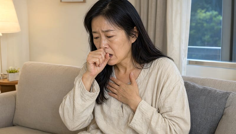 집에서 기침을 하며 가슴을 짚고 있는 중년 여성
