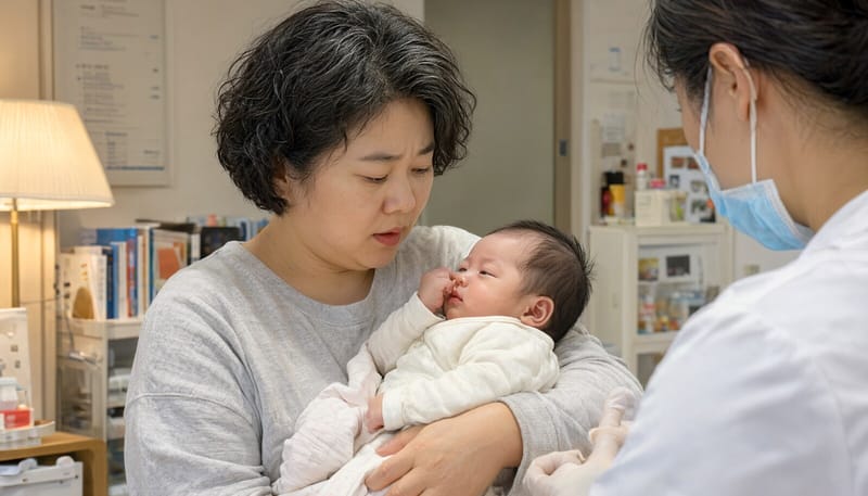 엄마가 아기의 충혈된 눈을 살펴보는 모습