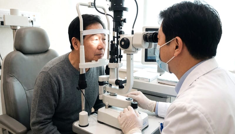 안과에서 세극등 검사로 눈을 진료받는 남성