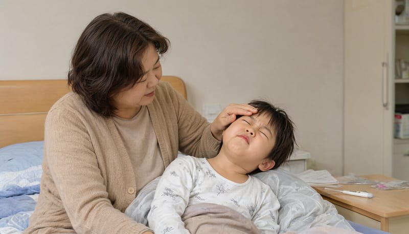 아이의 이마를 짚으며 목 움직임을 살피는 보호자
