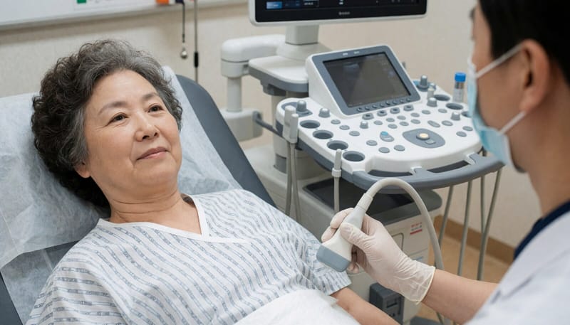 병원에서 초음파 검사를 받고 있는 여성 환자