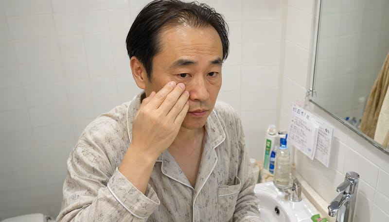 아침에 세면대 앞에서 부은 눈가를 만져보는 남성