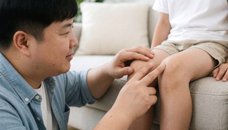 아빠가 아이의 무릎을 살펴보는 모습