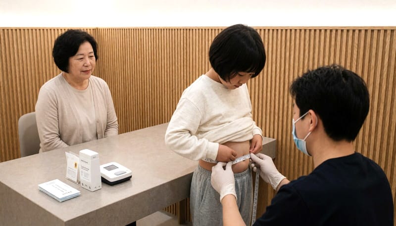 소아과에서 아이의 허리둘레를 재는 모습