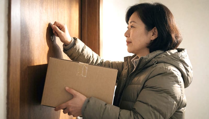 복지 방문도우미가 혼자 사는 어르신 집에 생활용품을 전달하는 모습