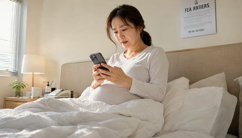 임신부가 아침에 일어나자마자 스마트폰을 확인하는 모습