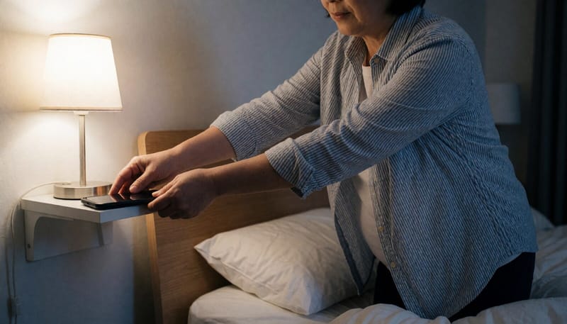 임신부가 취침 전 스마트폰을 멀리 두고 스트레칭하는 모습