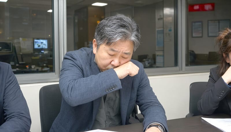 밀폐된 실내 회의실에서 기침하는 직장인의 모습
