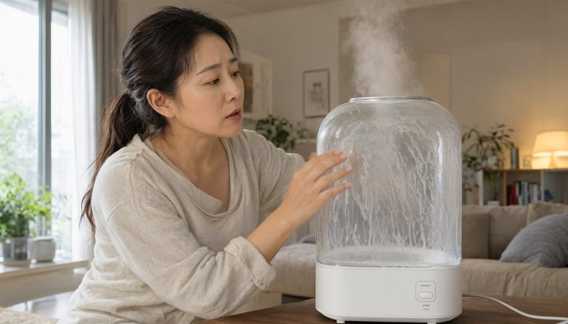 가습기 물통 안쪽에 낀 뽀얀 물때를 살펴보는 여성
