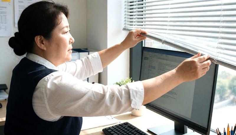모니터 눈부심을 줄이려 블라인드를 조절하는 여성