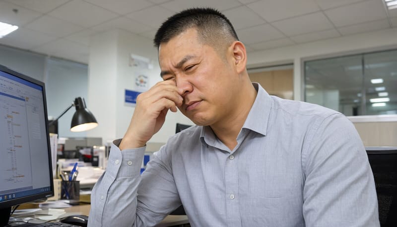 사무실에서 모니터를 보다 눈을 비비는 남성