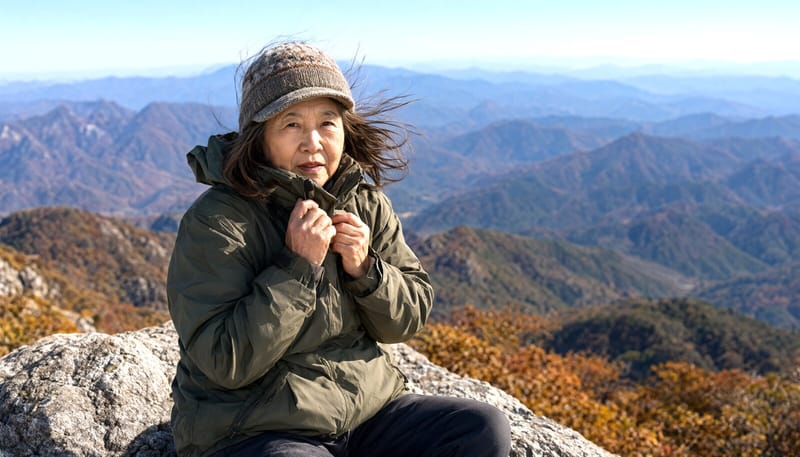 산 정상에서 겉옷을 챙겨 입는 등산객