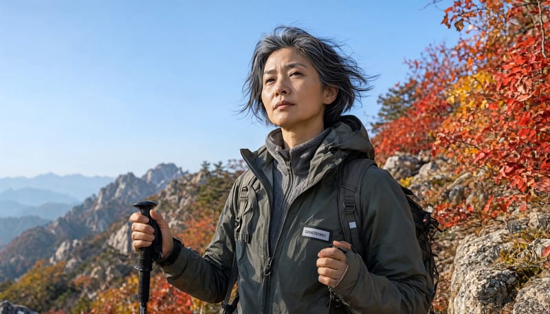 가을 산행 중 바람을 막기 위해 겉옷 지퍼를 올리는 등산객