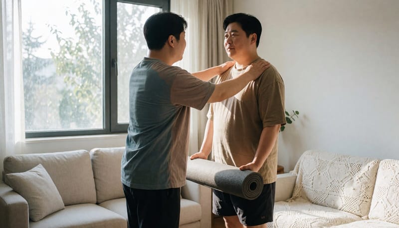 저강도 홈트 후 목과 어깨를 스트레칭하는 남성